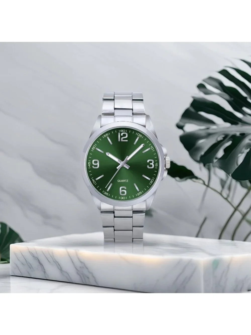Men's Silver And Green Analog Stainless Steel Case Arabic Numerals Classic Watch